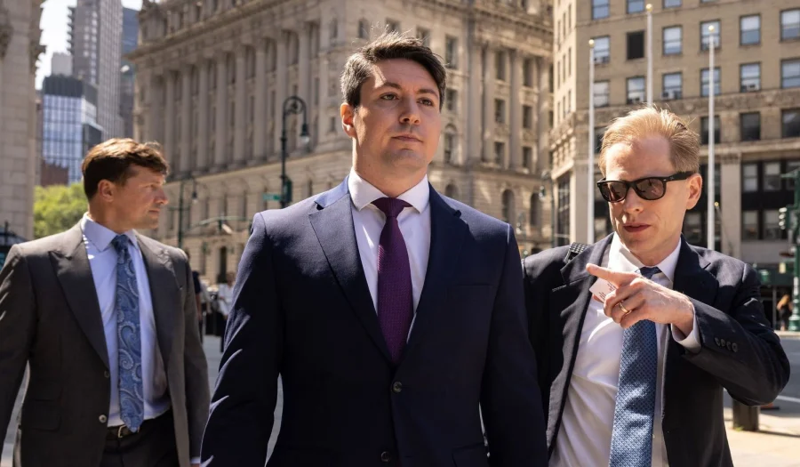 Nathaniel Chastain, center, and his attorney, David Miller, right, outside federal court in New York on Tuesday. PHOTO: YUKI IWAMURA/BLOOMBERG NEWS